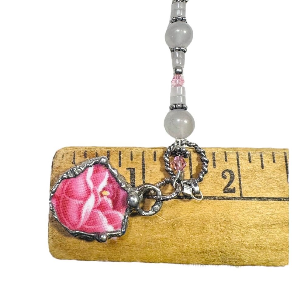 Vintage Pink Rose Quartz Bracelet W/ Upcycled Broken China Charm & 925 Toggle - Picture 13 of 15